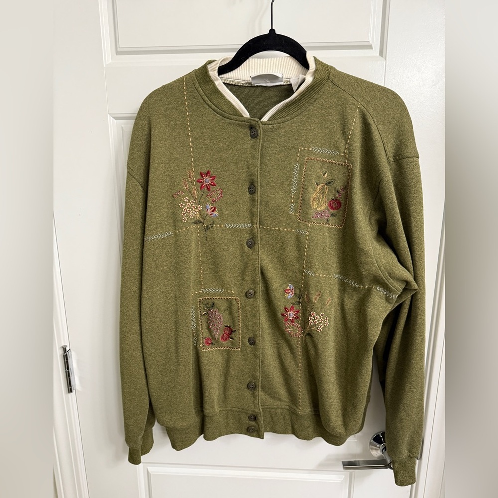 Alfred Dunner Fall Leaves Thanksgiving Embroidered Beaded Button Down Sweater